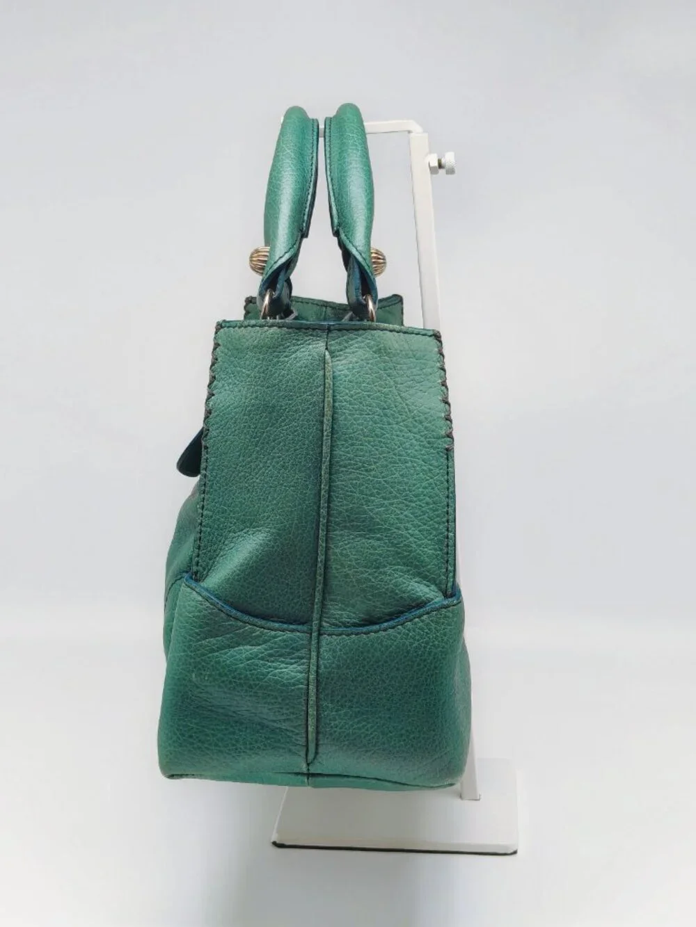 Celine Pebbled Leather Satchel Handbag Turquoise Blue Teal Silver Hardware